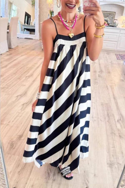 Classic Black and White Diagonal Stripe Sleeveless Loose Maxi Dress