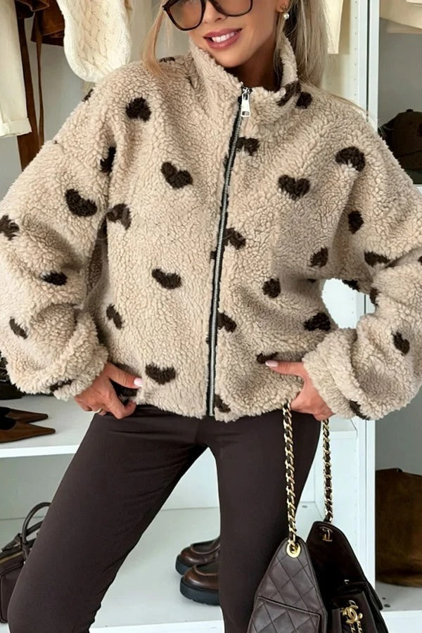 Playful Heart Pattern Teddy Bear Fleece Material Contrast Color Long Sleeve Pocket Zipper Coat