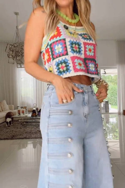 Light Wash Wide Leg Jeans With Side Metal Buttons