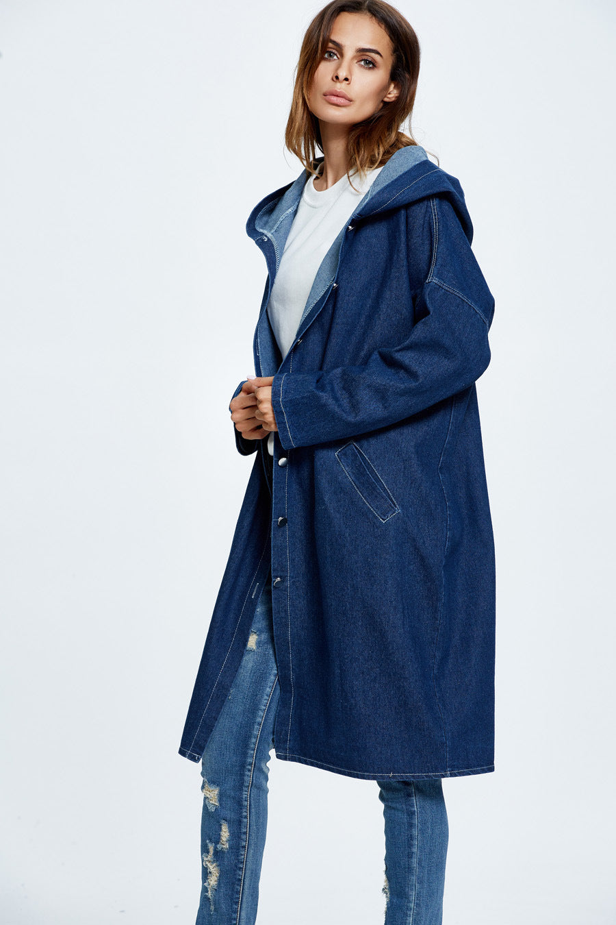Long Hooded Denim Coat