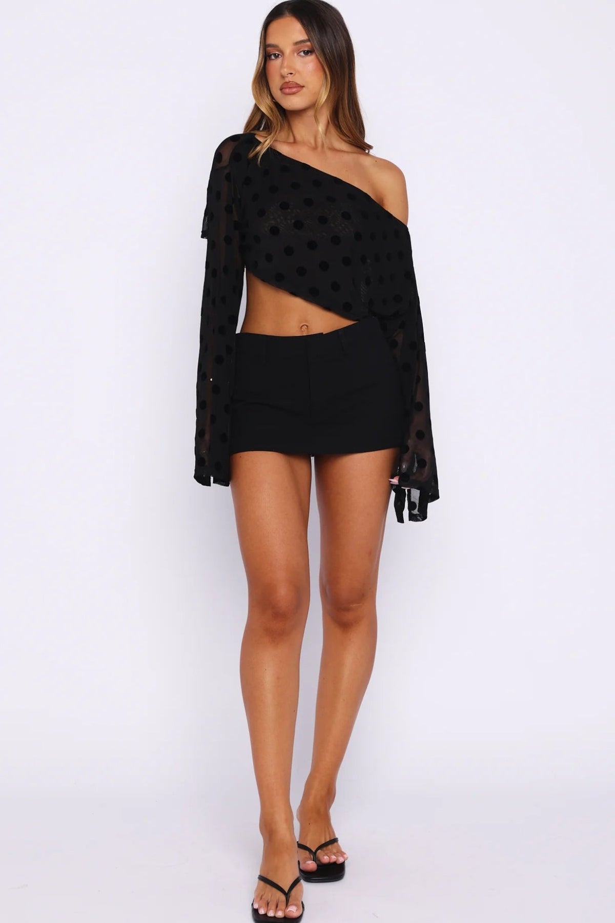 Flocked Polka Dot One Shoulder Bell Sleeve Tee
