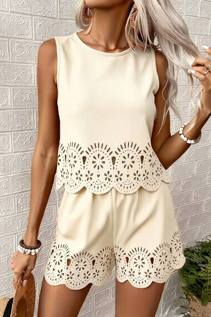 Multi-Color Cutwork Lace Trim Sleeveless Top & Shorts Set