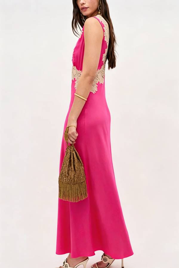 A Little Sultry Satin Floral Lace Trim V-neck Sleeveless Drape Maxi Dress