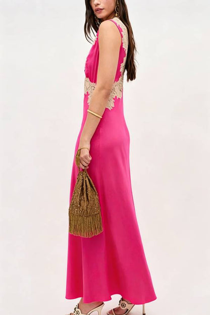 A Little Sultry Satin Floral Lace Trim V-neck Sleeveless Drape Maxi Dress