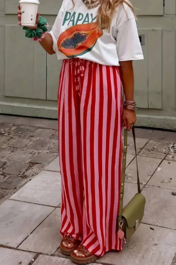 Vacation Striped Drawstring Waist Wide Leg Pants