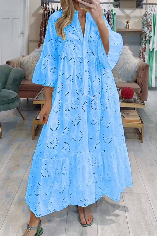 Eyelet Embroidery Maxi Dress Stand Collar Half Button 3/4 Flare Sleeve Loose Beach Vacation Dress