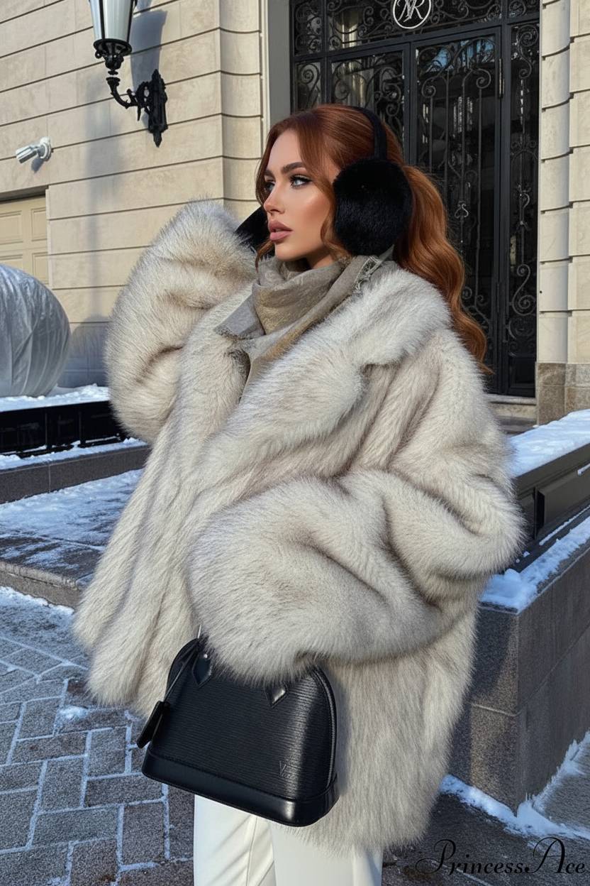White Tip-Dyed Faux Fox Fur Mid-Length Coat