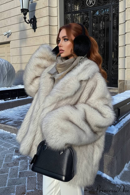 White Tip-Dyed Faux Fox Fur Mid-Length Coat