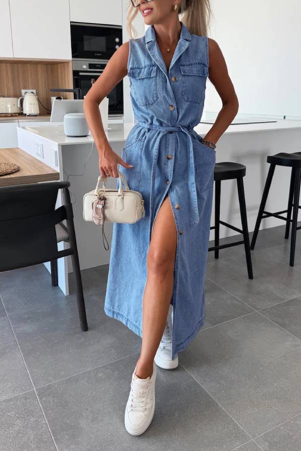 Sleeveless Denim Shirt Dress with Waist Tie