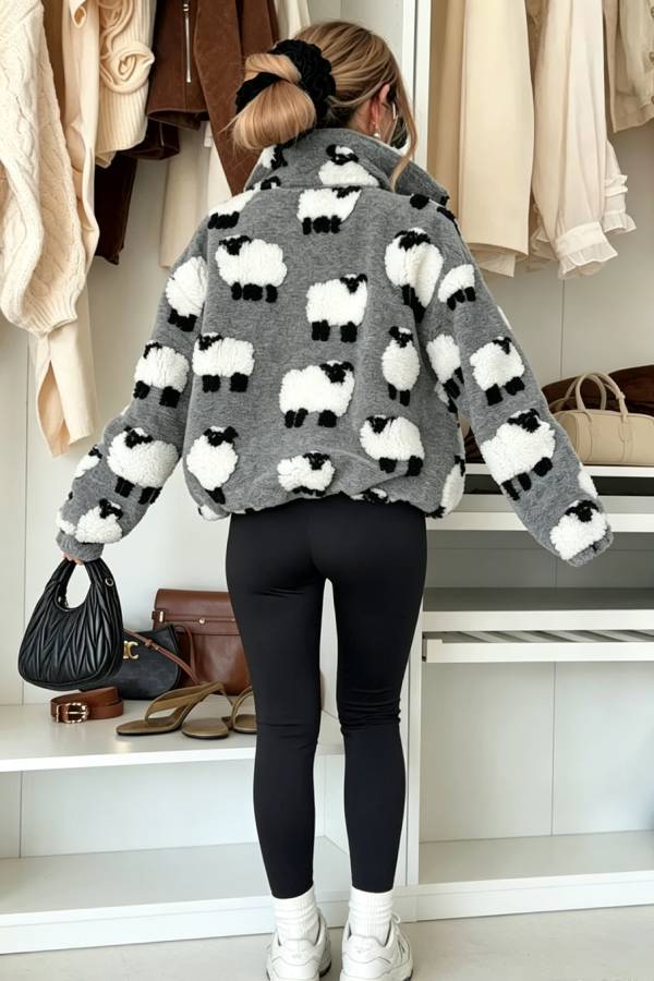 Playful Lamb Pattern Teddy Bear Fleece Material Contrast Color Long Sleeve Pocket Zipper Coat