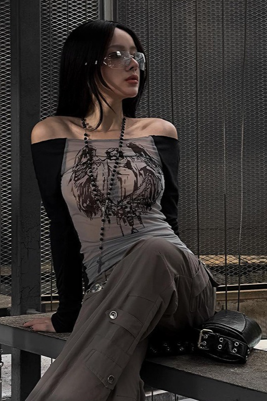 Slim Printed One Shoulder Mesh Knit Sheer Crop Top