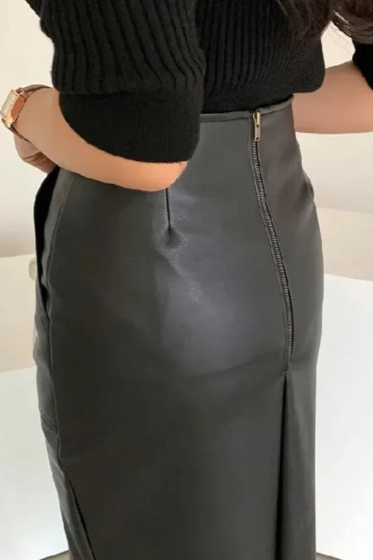 Fall Winter Chic Split Design Slim Straight Faux Leather Skirt