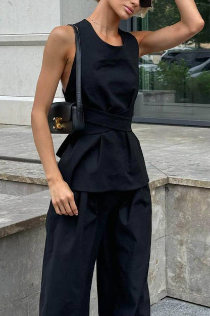 Cross-Band Sleeveless Waist Top & Wide Leg Pants Set