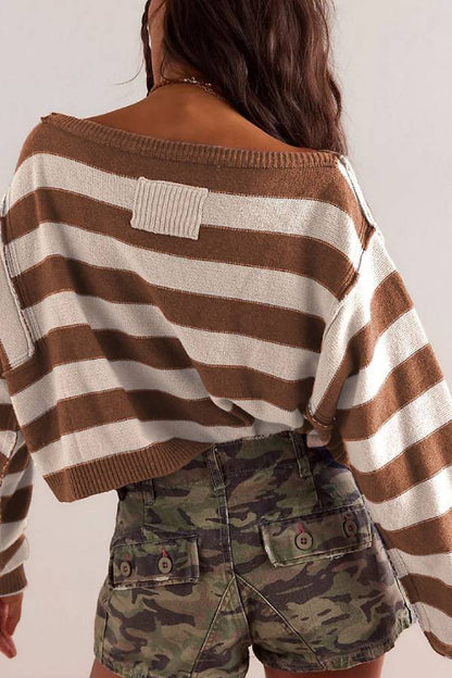 Striped Print Crew Neck Long Sleeve Loose Knitted Sweater