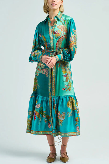 Paisley Print Lantern Sleeve Lace Up Belted Ruffle Hem Midi Shirt Dress