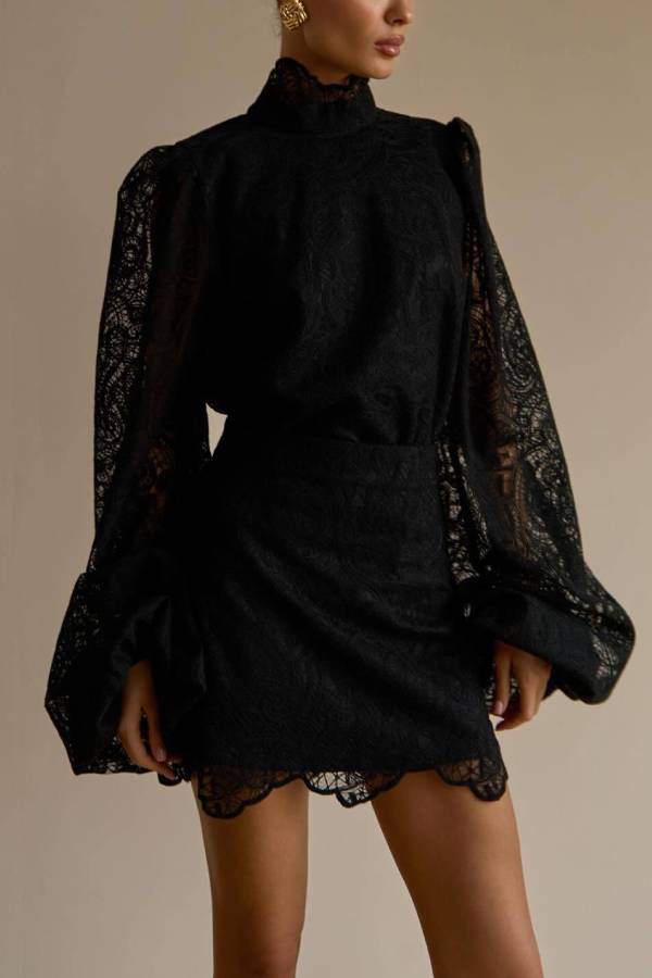 Multi-Color Lace High Neck Puff Sleeve Top & Skirt Set