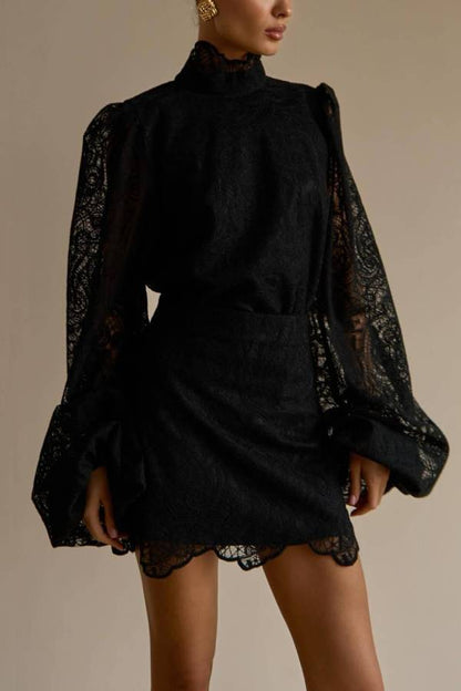 Multi-Color Lace High Neck Puff Sleeve Top & Skirt Set