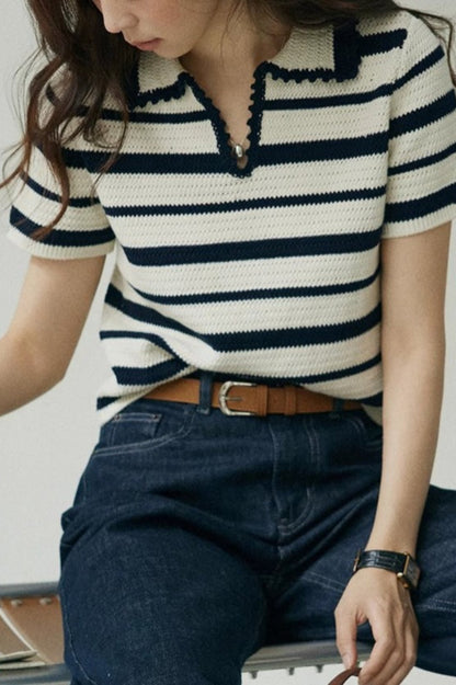 Color Block Stripe Polo Knit Top
