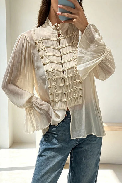 French Romantic Metal Button-down Pleated Ruffle Sleeve Napoleon Shirt