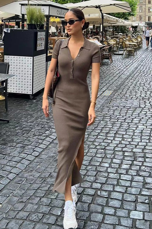 Elegant Lapel Short Sleeve Split Hem Sweater Dress
