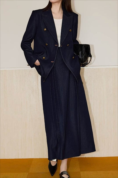 Textured Double Breasted Two Piece Blazer Skirt Set