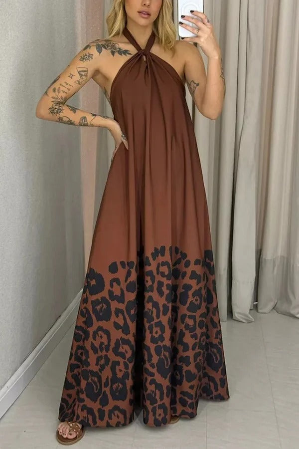 Leopard Print Sexy Halter Neck Backless Loose Maxi Dress