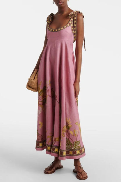 Linen Blend Unique Printed Tie-up Suspenders Pocket Elegant Vacation Maxi Dress