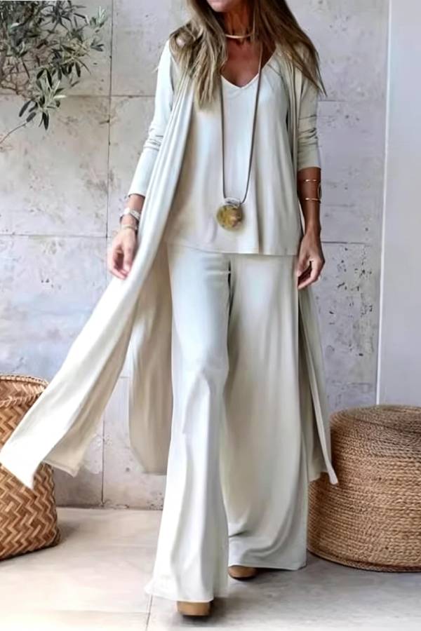 Casual Flowy 3‑Piece Set, Long Cardigan + V‑Neck Top + Wide‑Leg Pants