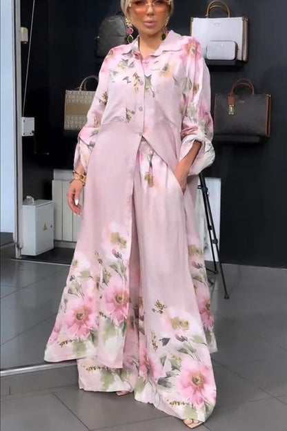Alice Linen Blend Floral Print Long Sleeve Midi Shirt and Elastic Waist Pocketed Loose Pants Set