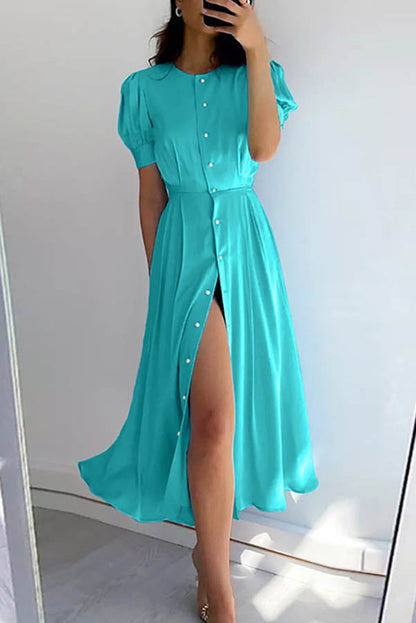 Puff Sleeve Pearl Button Front Satin Side Slit Midi Dress