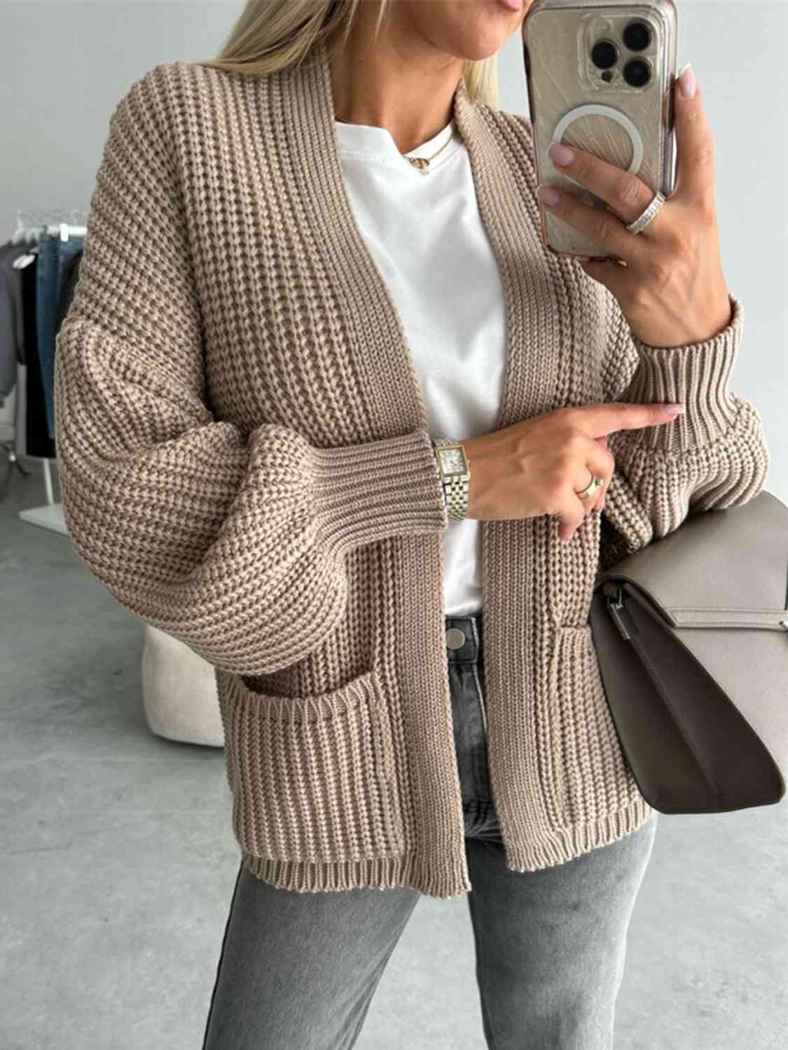 Solid Color V-neck Long-sleeved Casual Knitted Cardigan