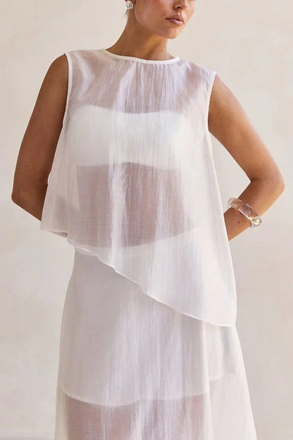 Lena Semi-sheer Irregular Hem Top and High Rise Side Zipper A-line Maxi Skirt Set