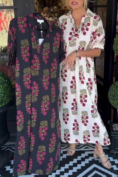 Collared Floral Print Relaxed Slit Shirt Dress