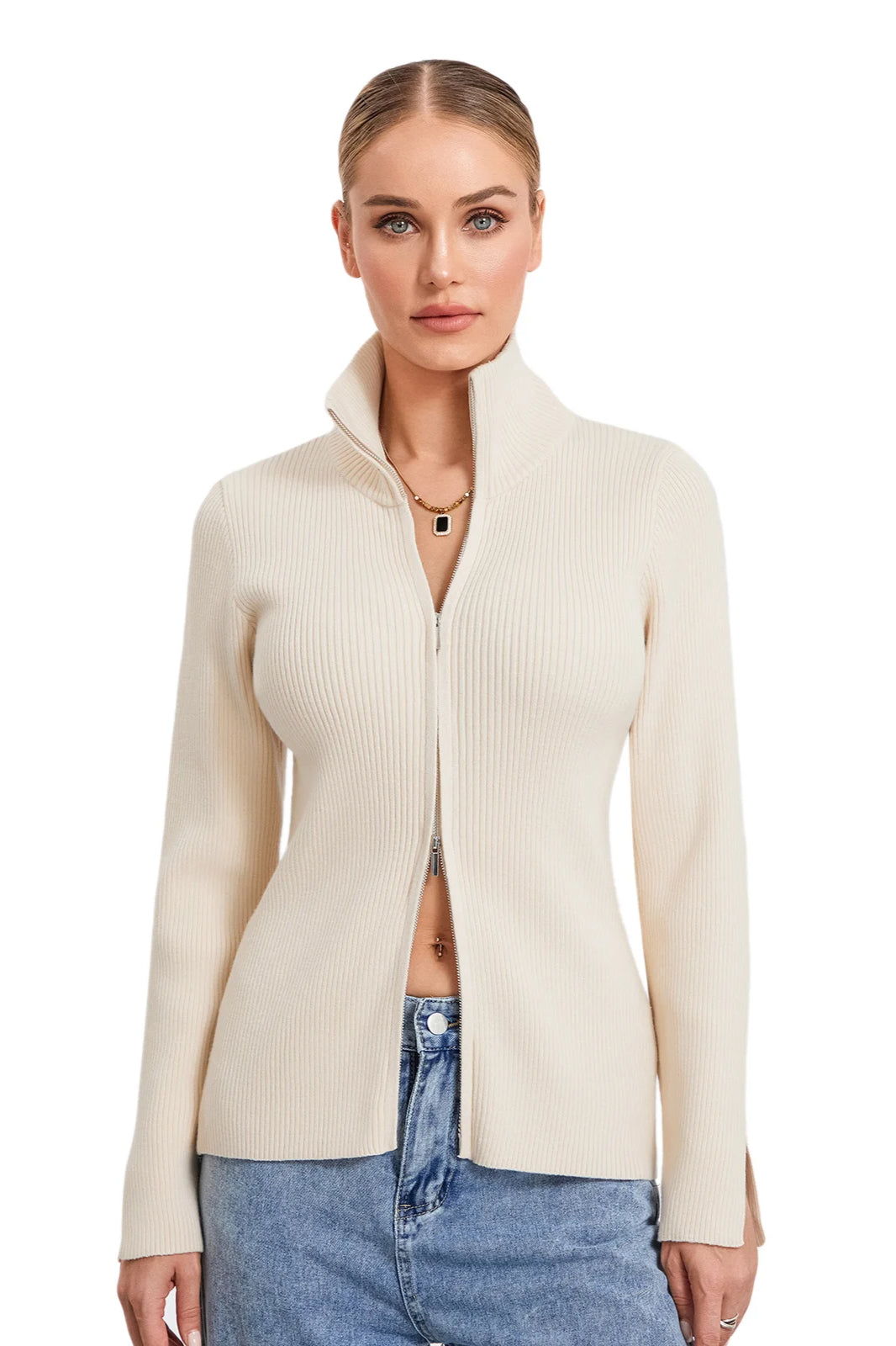 Ribbed Knit Zip-Up Stand Collar Cardigan