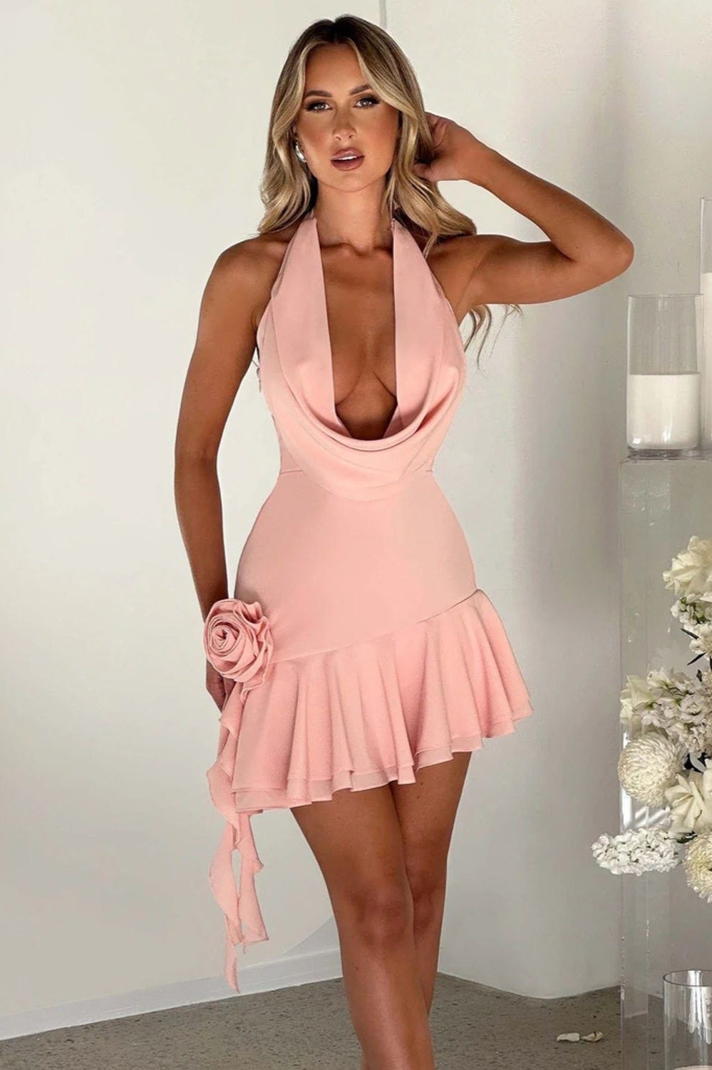 Cowl Neck Tie up Floral Cocktail Dress