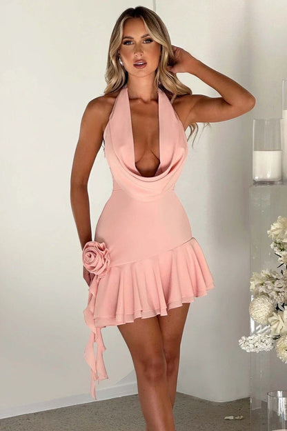 Cowl Neck Tie up Floral Cocktail Dress