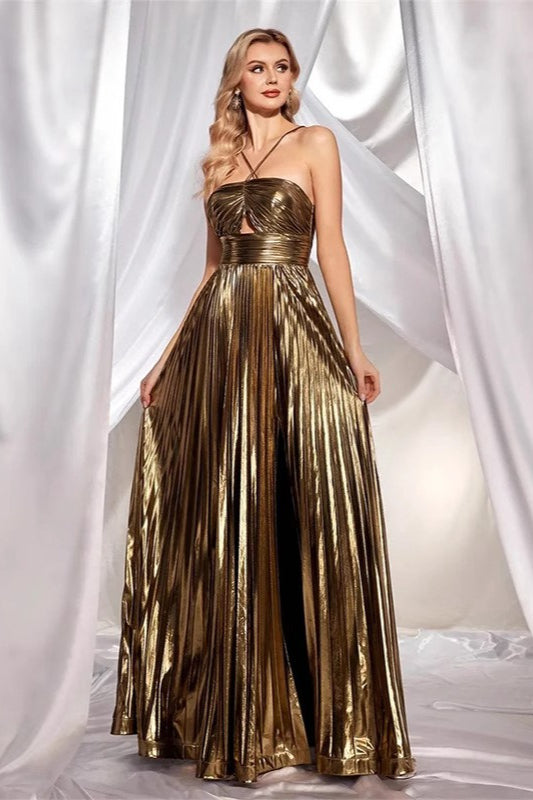 Sleeveless Backless Halter Slit Formal Dress