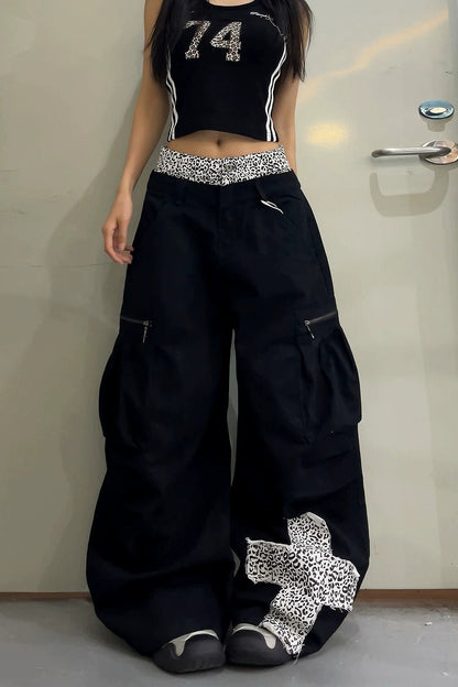 Leopard Waist Cross Patch Wide Leg Cargo Pants