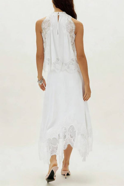 High Neck Sleeveless Lace Trim Satin Top & Slit Irregular Lace Midi Skirt Two Piece Set