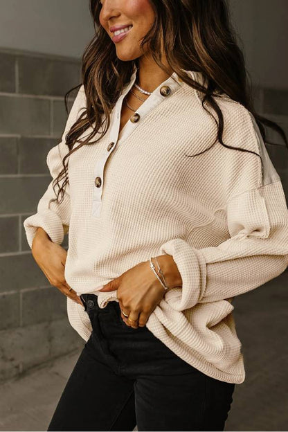 Smoke Green Waffle Patchwork Drop Sleeve Henley Top