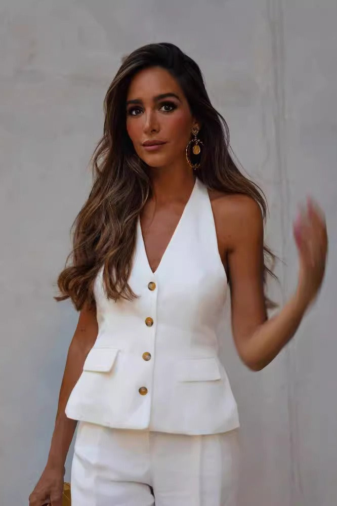 Open Back Halter Two Piece Vest Pants Set