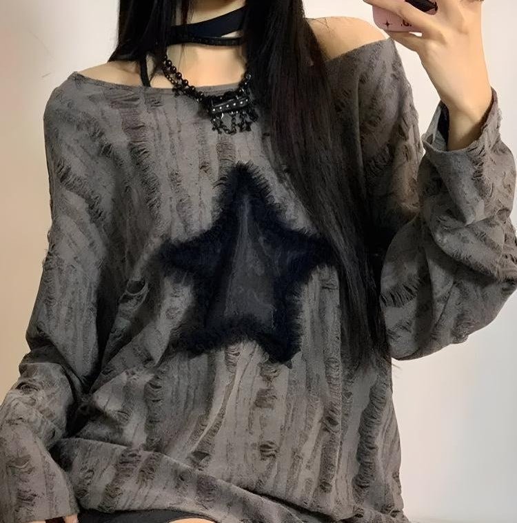 Y2K Grunge Star Distressed Sweater