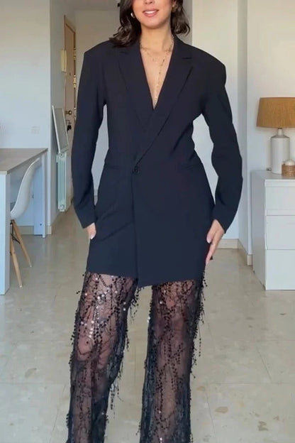 Yulissa Single Button Long Sleeve Fitted Waist Open Back Pocketed Lapel Blazer