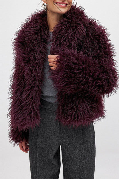 Versatile Wine Red Faux Fur Solid Coat