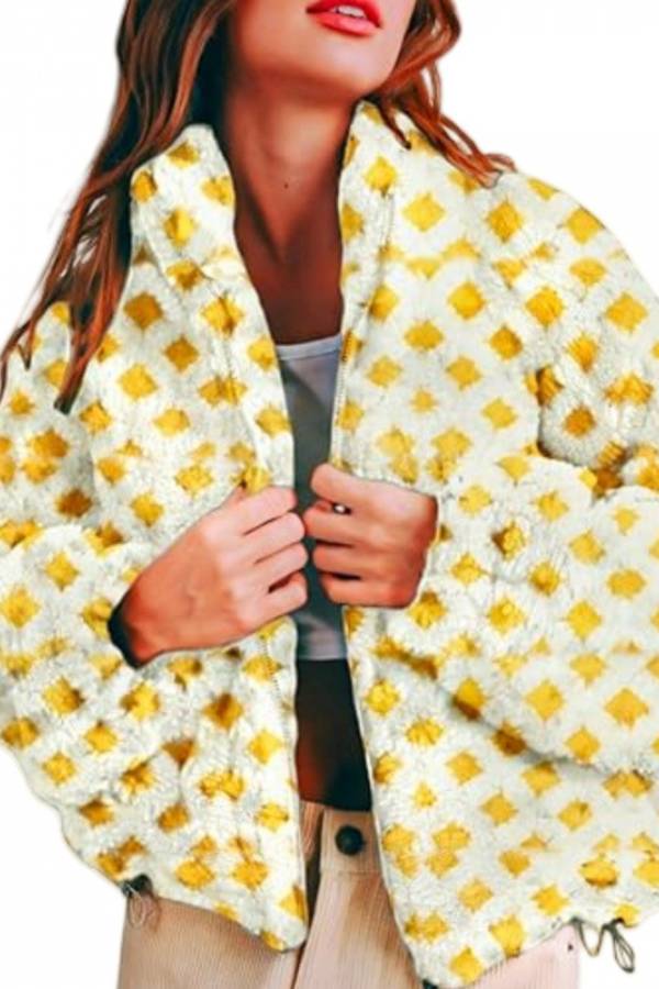 Checked Plush Drawstring Stand-Collar Jacket