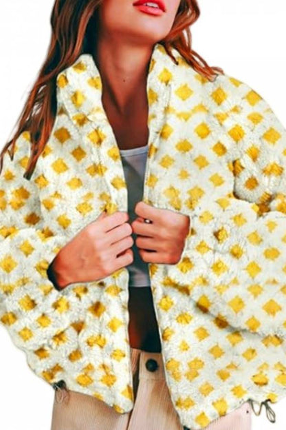 Checked Plush Drawstring Stand-Collar Jacket