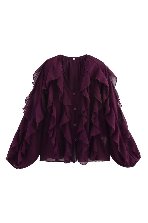 V-Neck Multi-Layer Ruffle Chiffon Lantern Sleeve Blouse