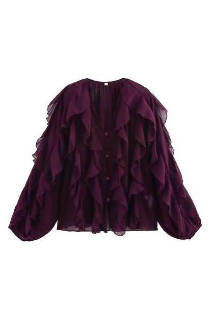 V-Neck Multi-Layer Ruffle Chiffon Lantern Sleeve Blouse
