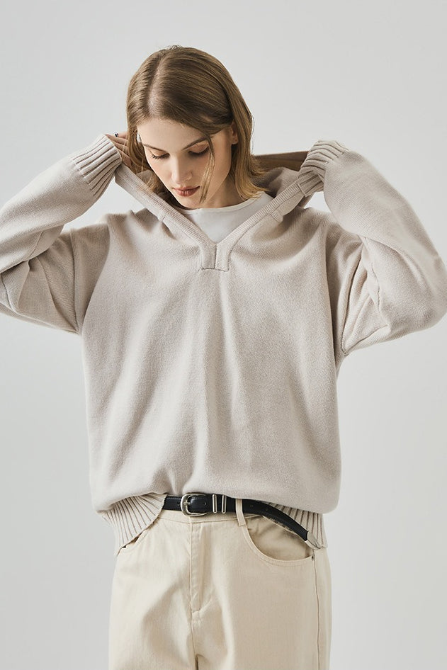 Slouchy V-Neck Hooded Sweater