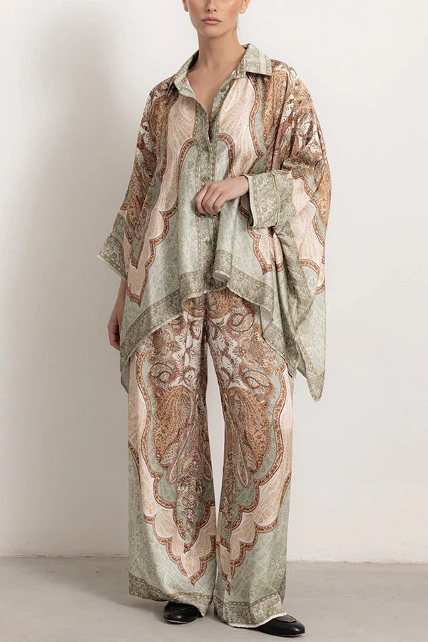 Julia Paisley Print Batwing Sleeve Irregular Hem Blouse and Elastic Waist Pocket Loose Pants Set